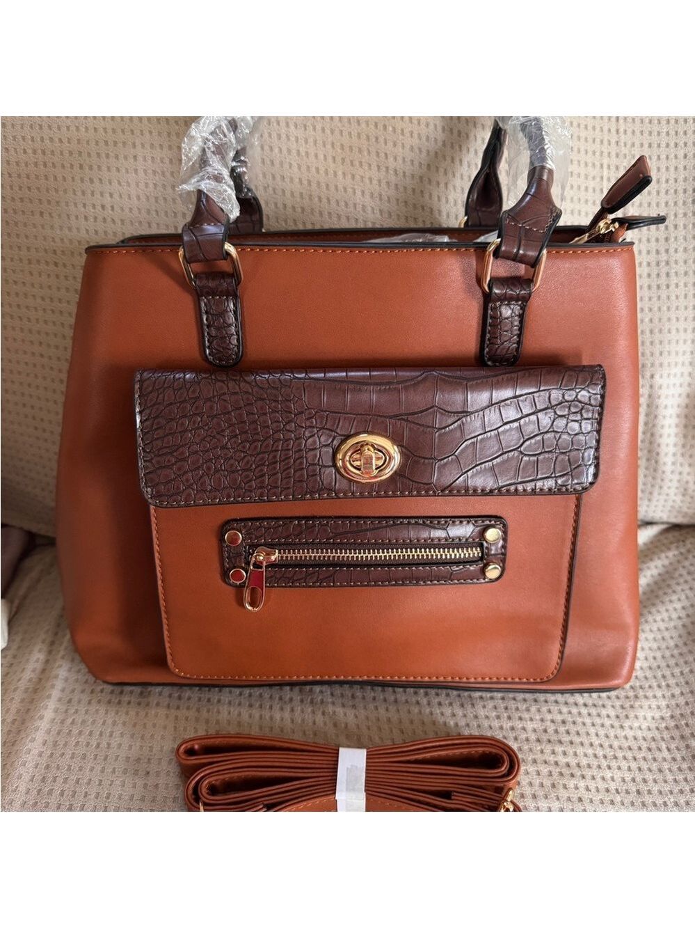 Brown Croc-Embossed Accent Structured Tote Handbag - Picture 6 of 12